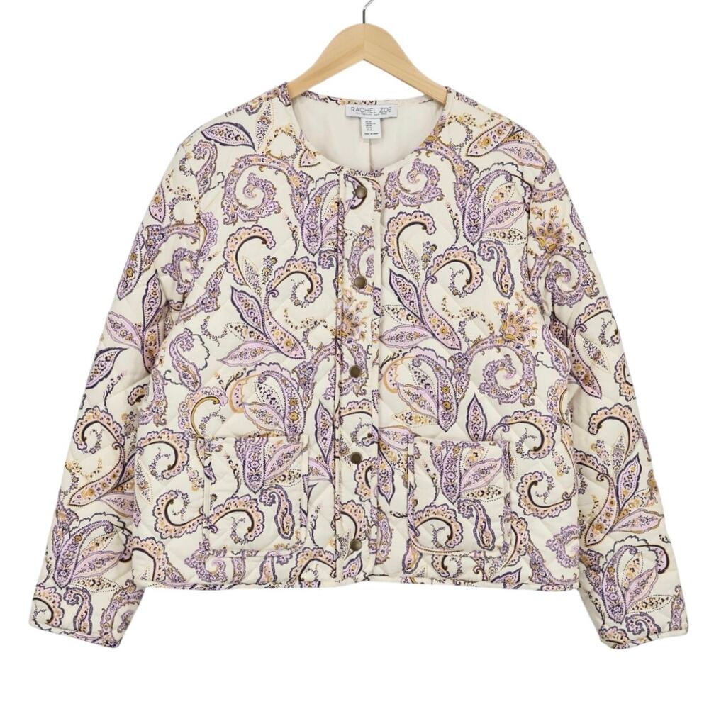 NWOT Rachel Zoe Quilted Paisley Patch Pocket Cottage Core Jacket Cream Purple XL